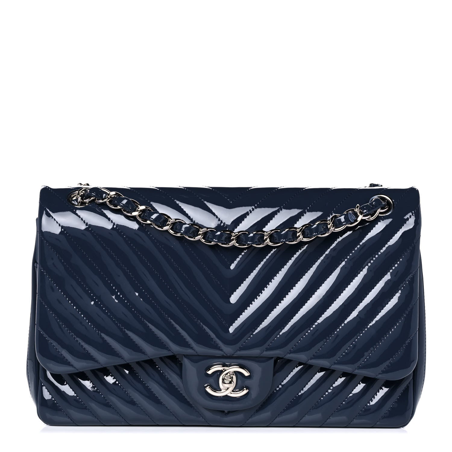 Chanel Patent Chevron Quilted Jumbo Double Flap Blue 1 of 11