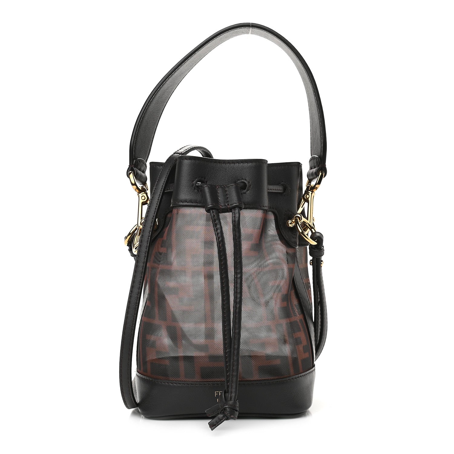 Fendi Mesh Vitello Grace F is Fendi FF 1974 Mini Mon Tresor Bucket Bag Marrone Black Ebano 1 of 8