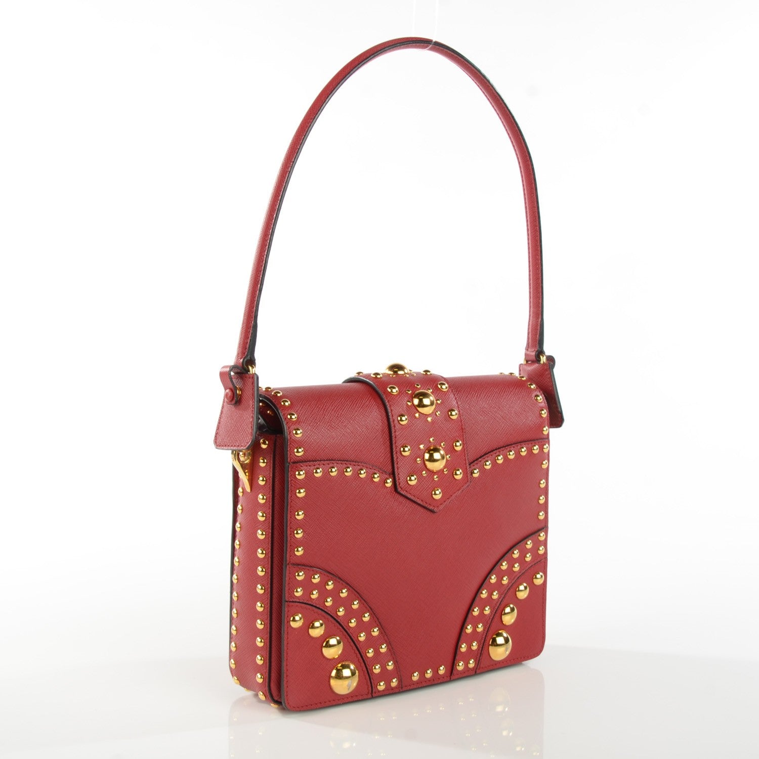 Prada Saffiano Sound Studded Hobo Rosso 3 of 9