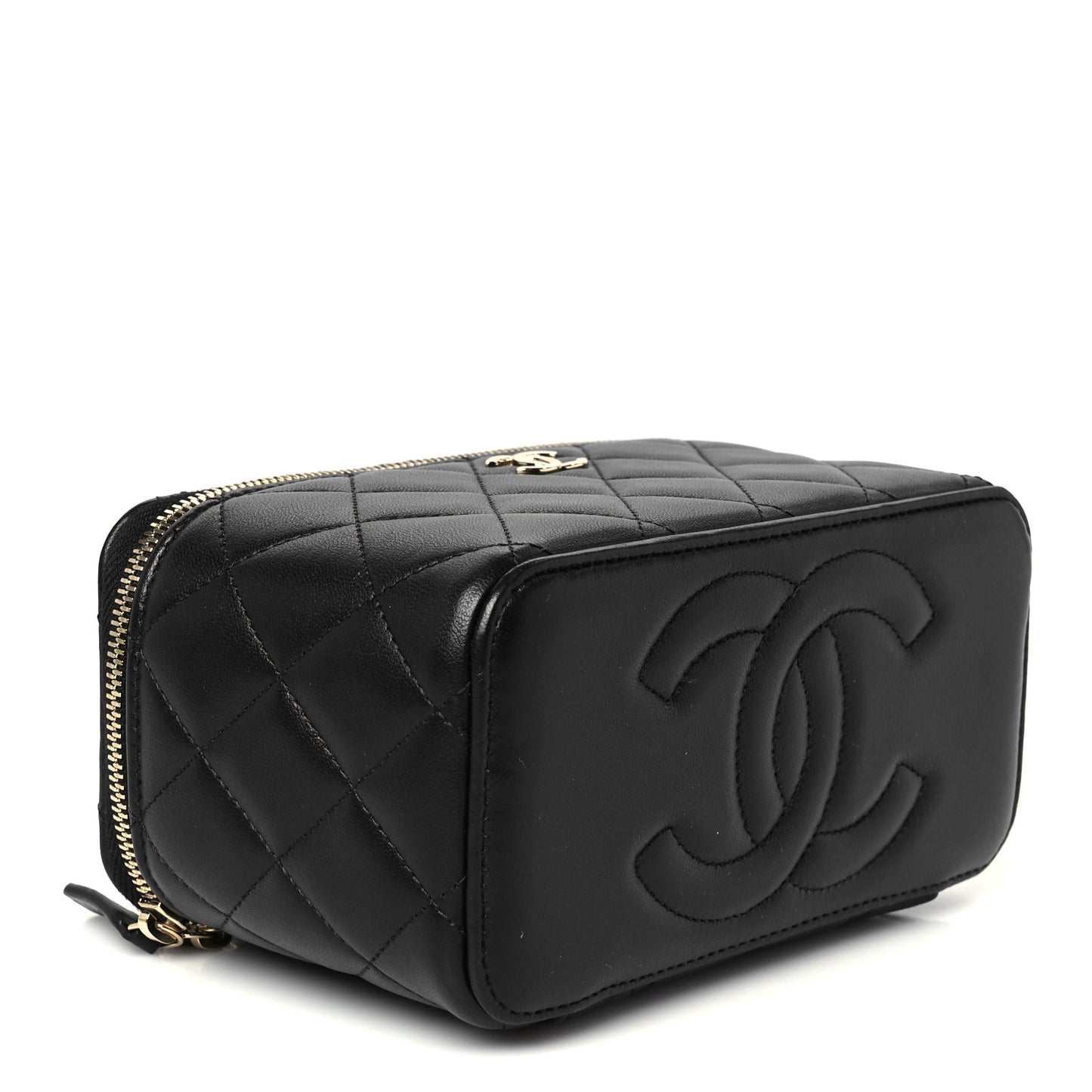 Lambskin Quilted Small Top Handle Vanity Case With Chain Black