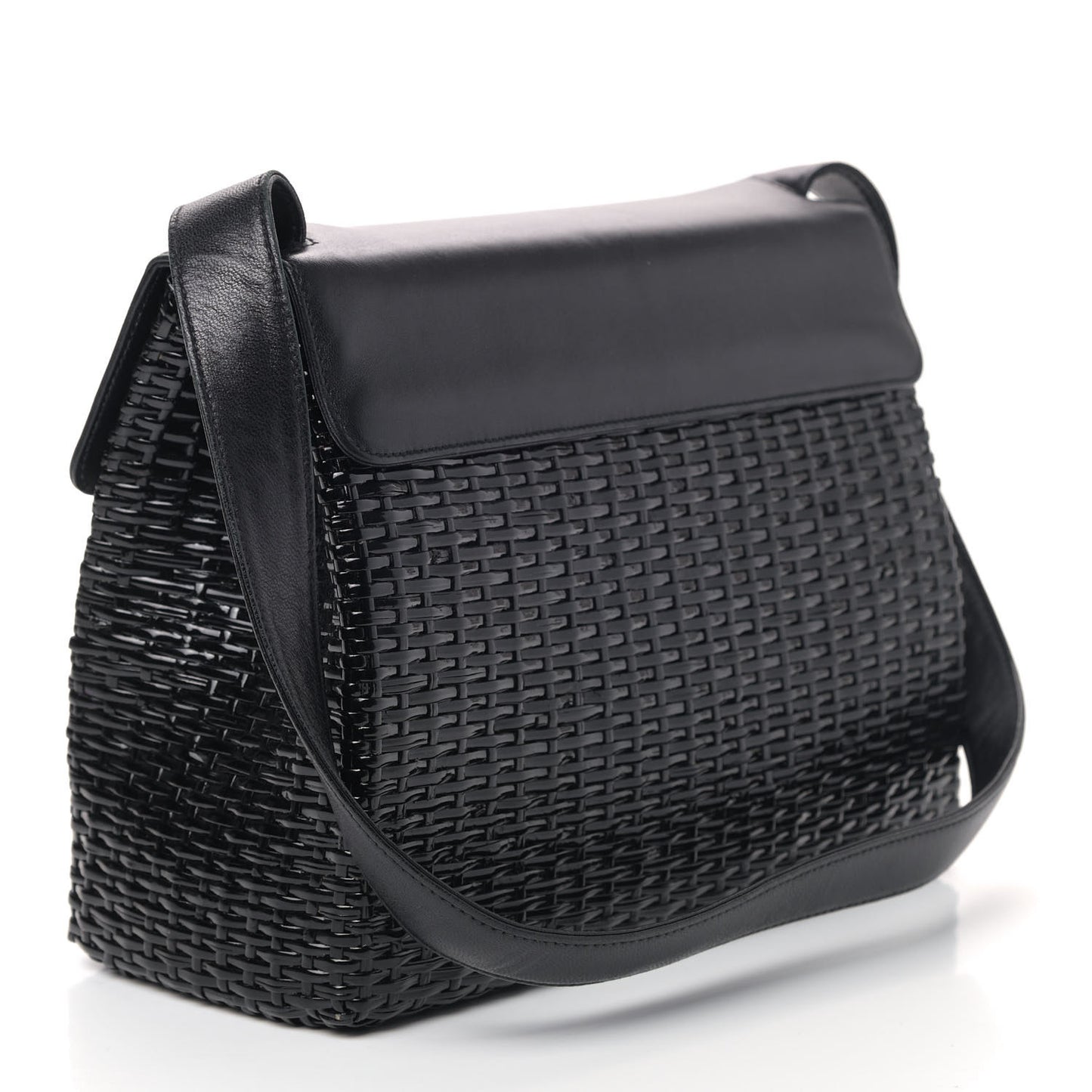Calfskin Rattan Basket Flap Shoulder Bag Black