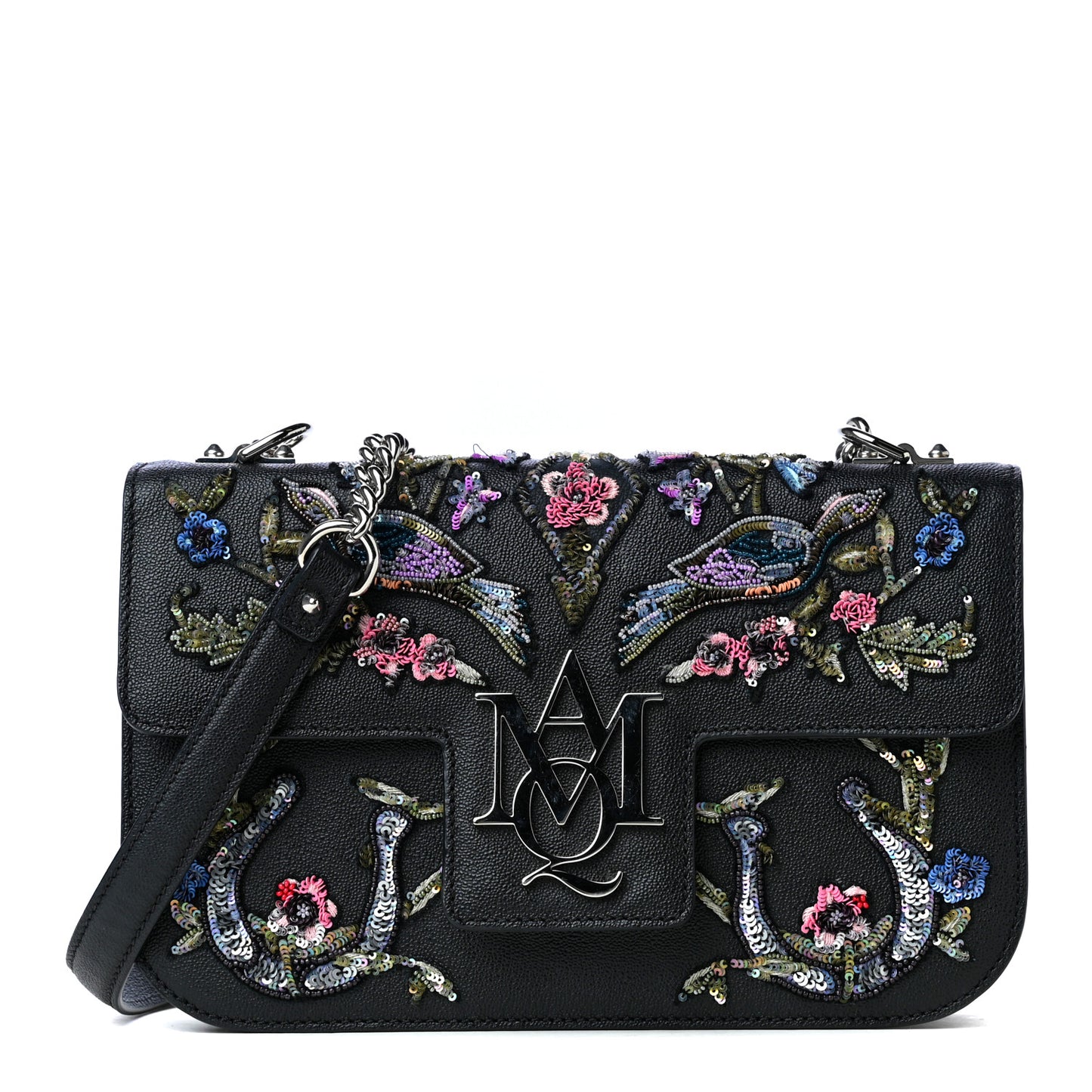 Nappa Floral Embroidered Insignia Flap Black Multicolor