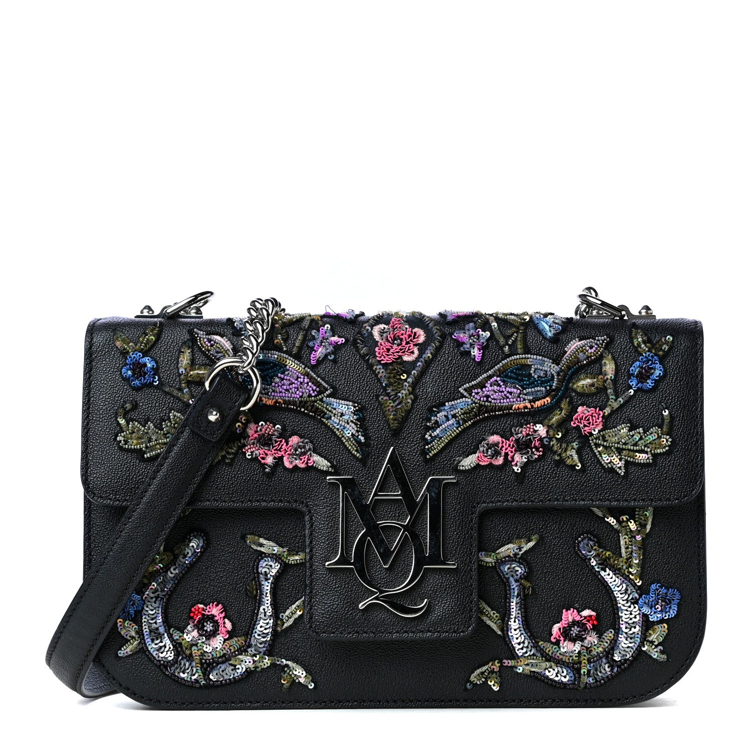 Alexander McQueen Nappa Floral Embroidered Insignia Flap Black Multicolor 1 of 5