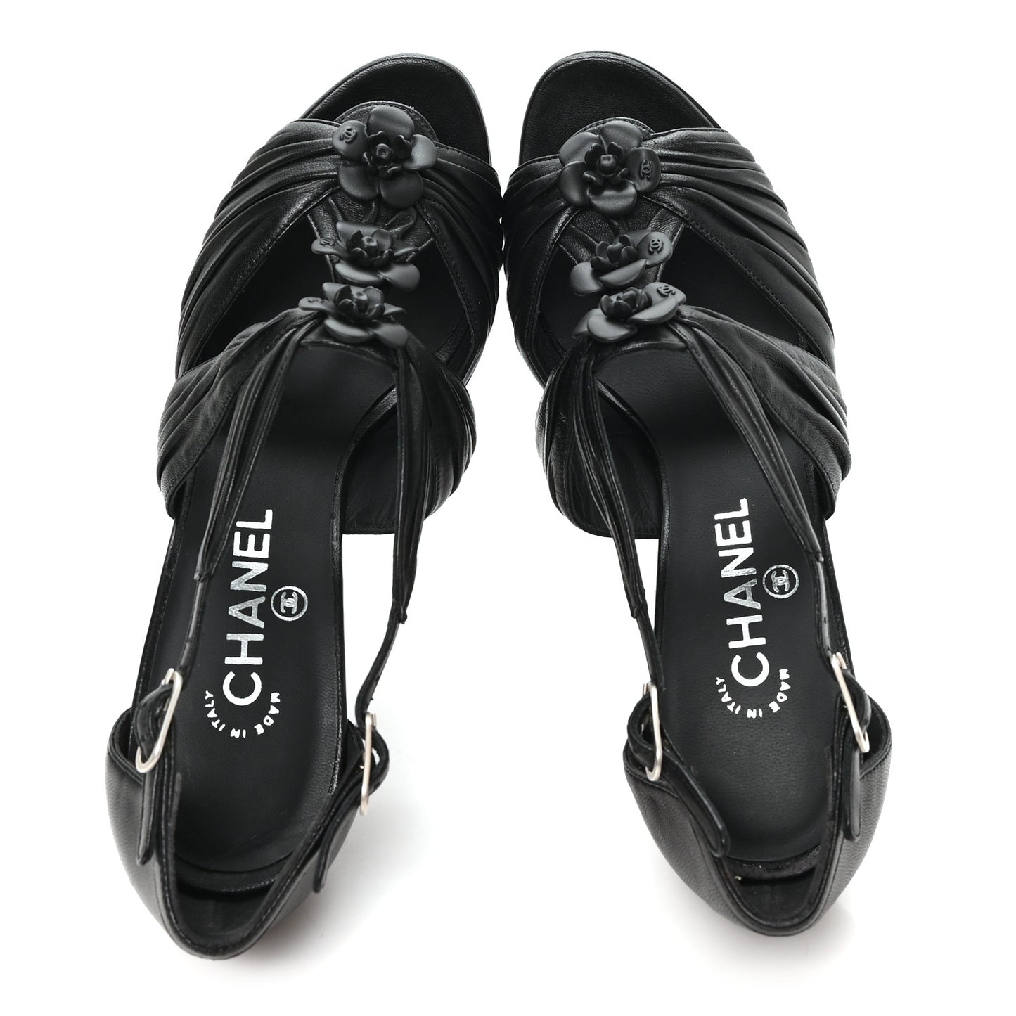 Calfskin Camellia Sandals 39.5 Black