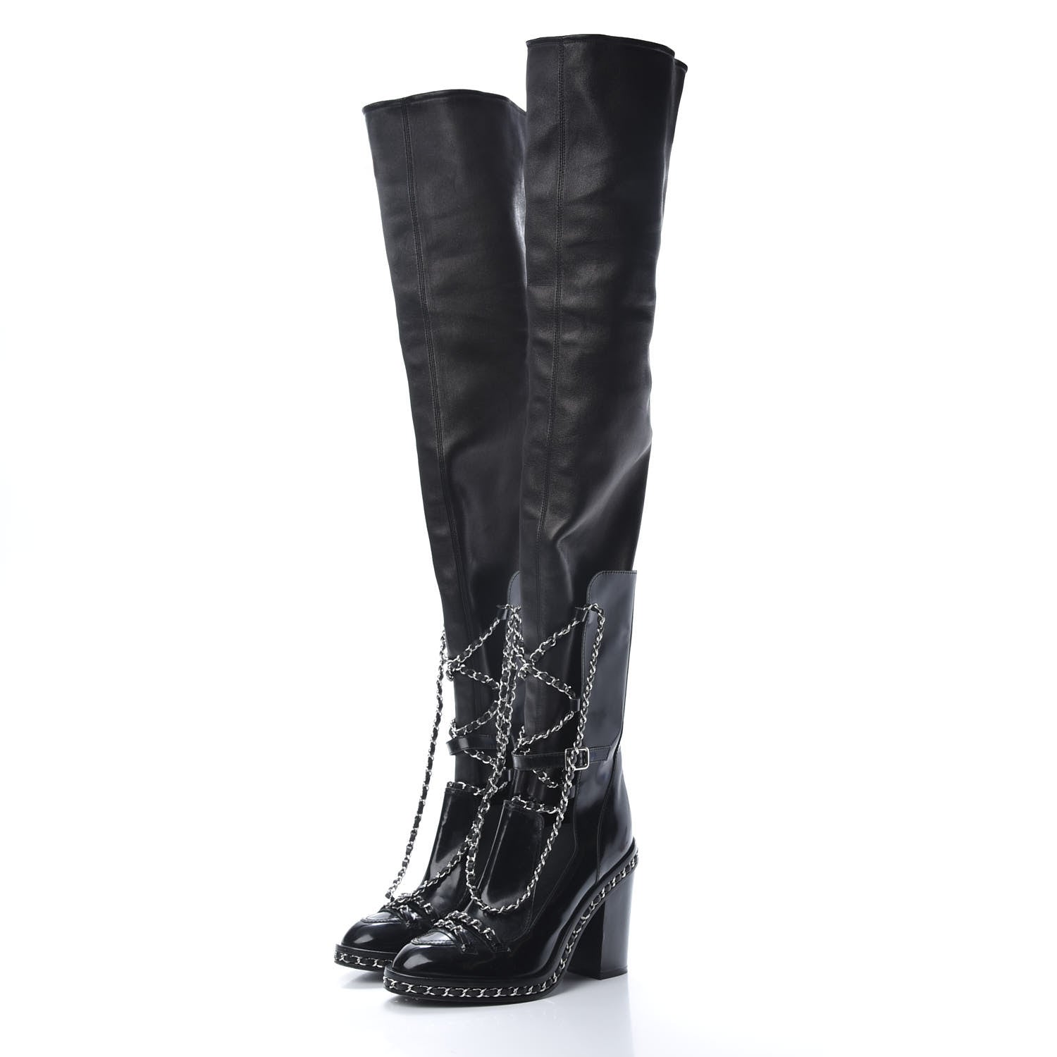 Chanel Patent Chained Tall Combat Boots 38.5 Black 3 of 13
