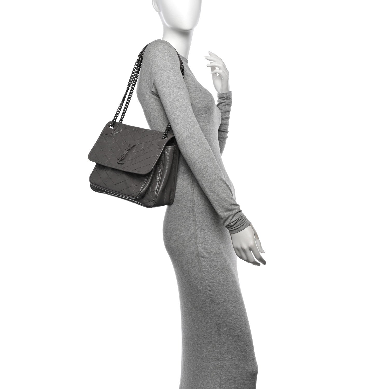 Saint Laurent Crinkled Calfskin Matelasse Monogram Medium Niki Chain Satchel Fog 2 of 12