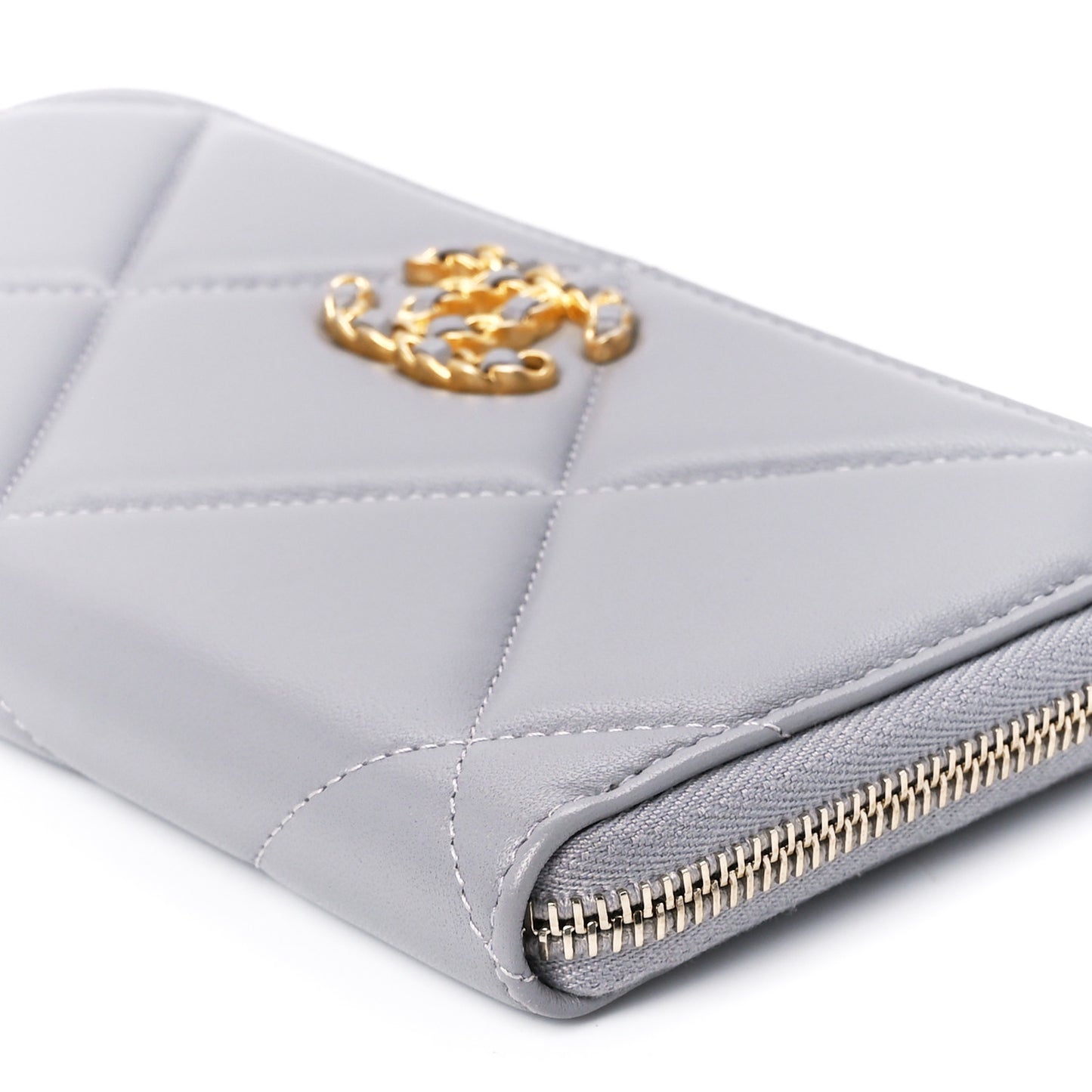 Lambskin Quilted Chanel 19 Long Zipped Around Wallet Grey