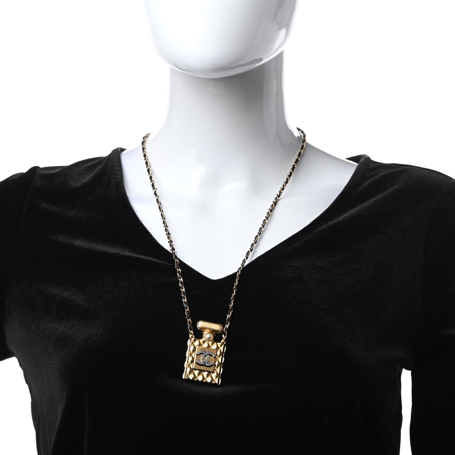 Crystal Pearl Perfume Bottle CC Necklace Black Gold