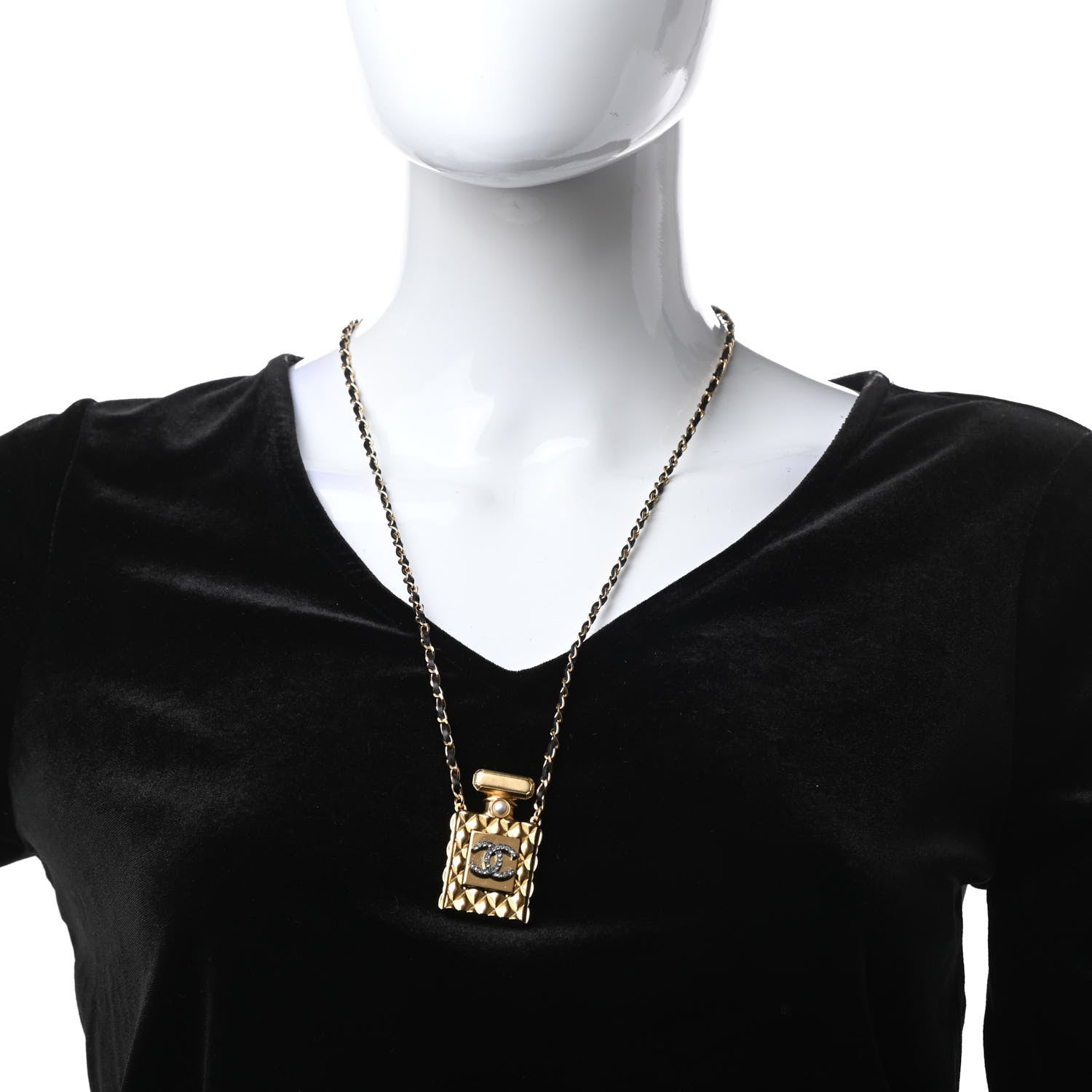 Chanel Crystal Pearl Perfume Bottle CC Necklace Black Gold 2 of 5