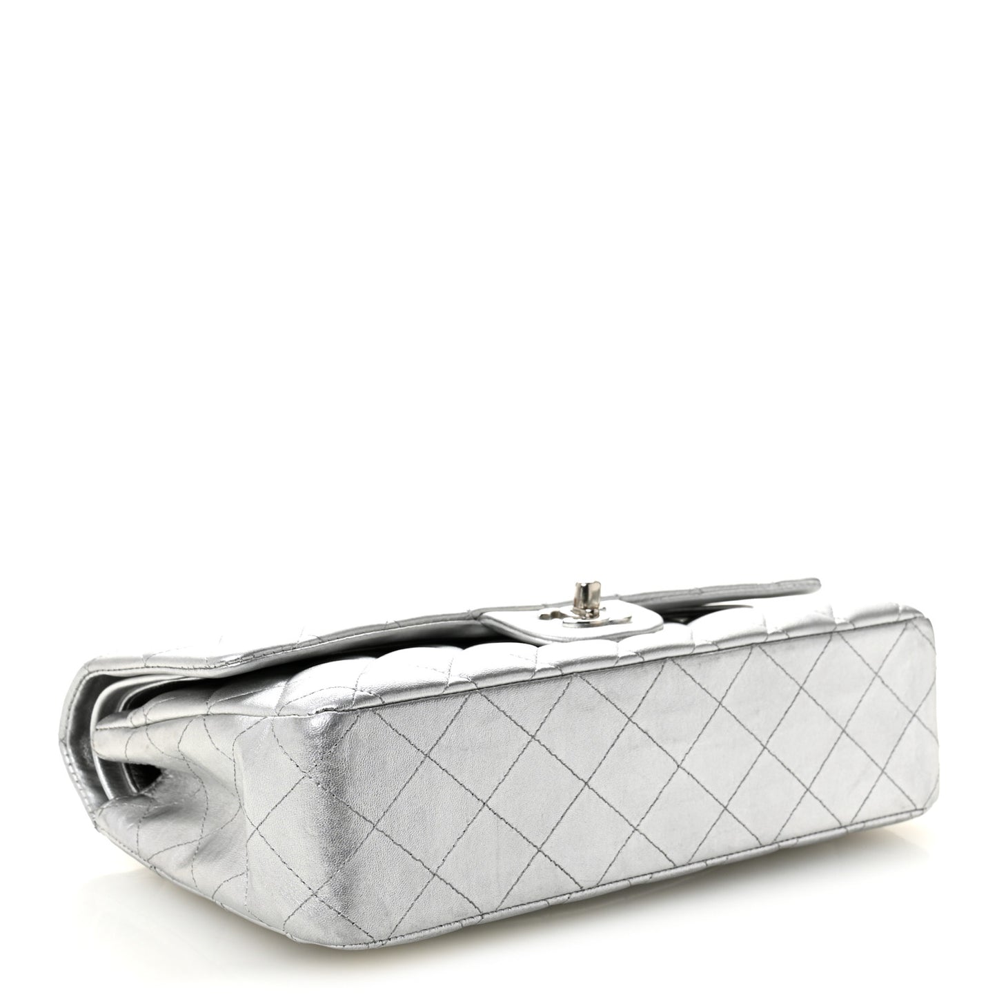 Metallic Lambskin Quilted Medium Double Flap Silver
