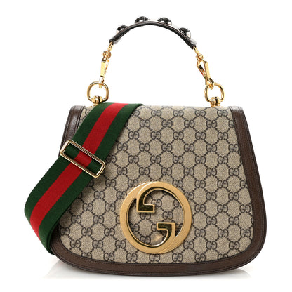 Gucci GG Supreme Monogram Textured Dollar Calfskin Web Medium Blondie Top Handle Shoulder Flap Bag Beige Ebony New Acero 1 of 10