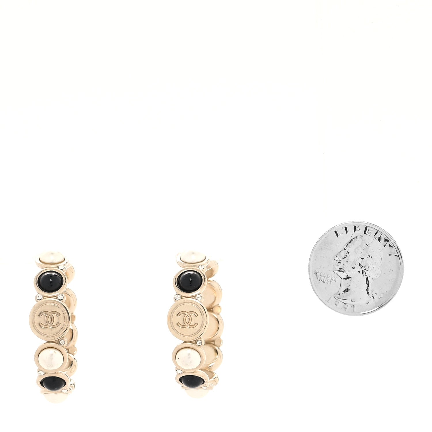 Chanel Crystal Pearl Metal Resin Polka Dot Hoop Earrings Gold Black 2 of 4
