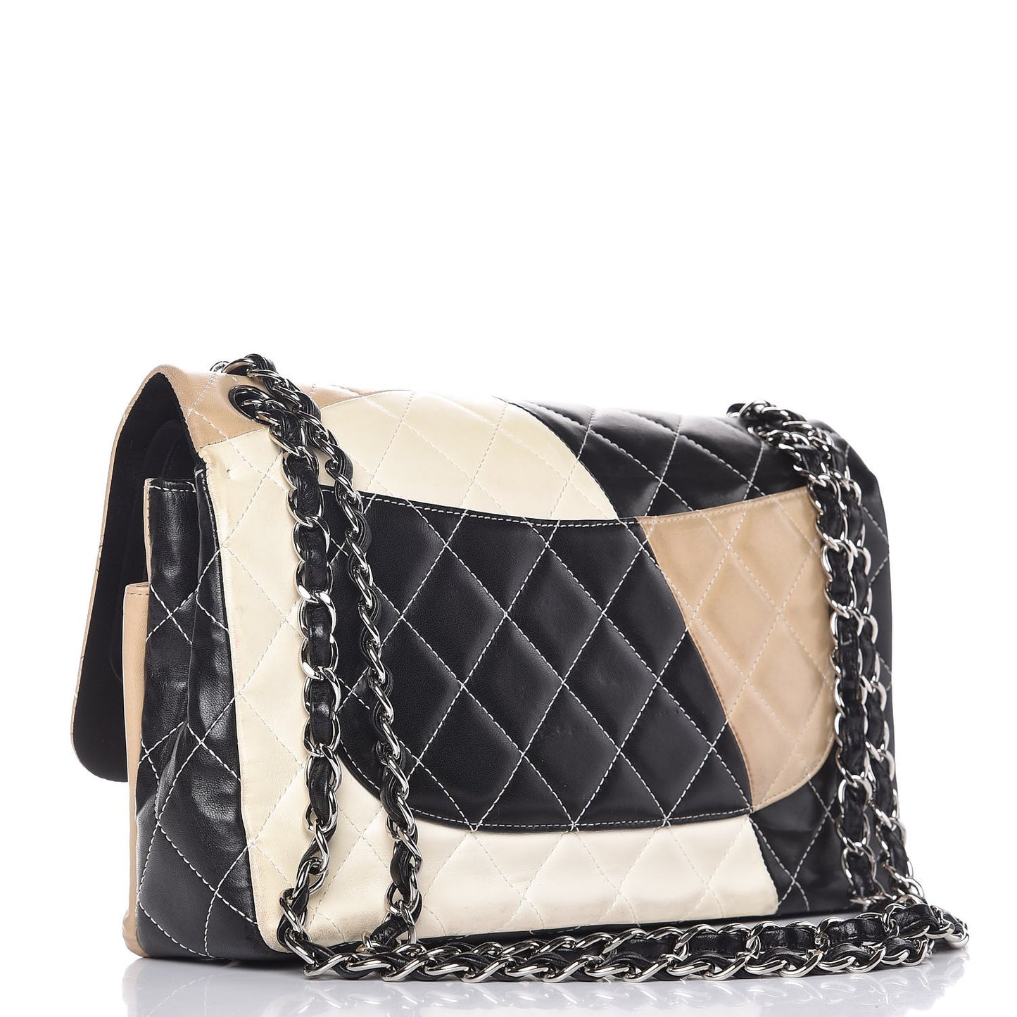 Lambskin Quilted Colorblock Jumbo Double Flap Black White Beige