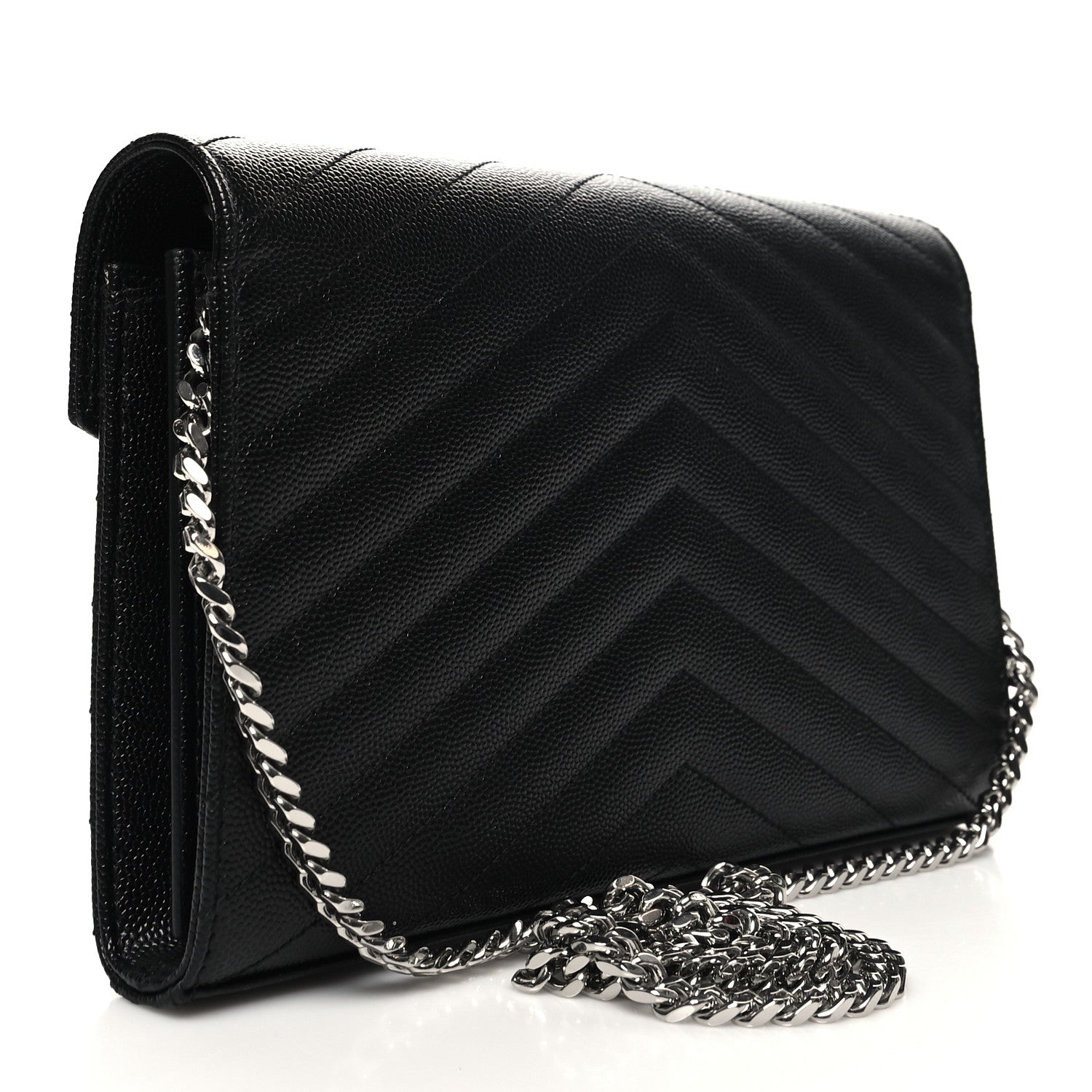 Saint Laurent Grain De Poudre Matelasse Chevron Monogram Chain Wallet Black 3 of 11