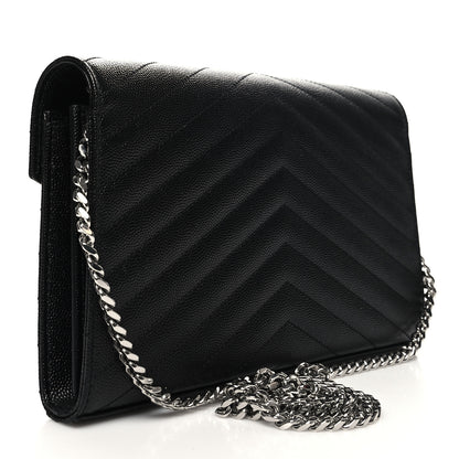 Saint Laurent Grain De Poudre Matelasse Chevron Monogram Chain Wallet Black 3 of 11