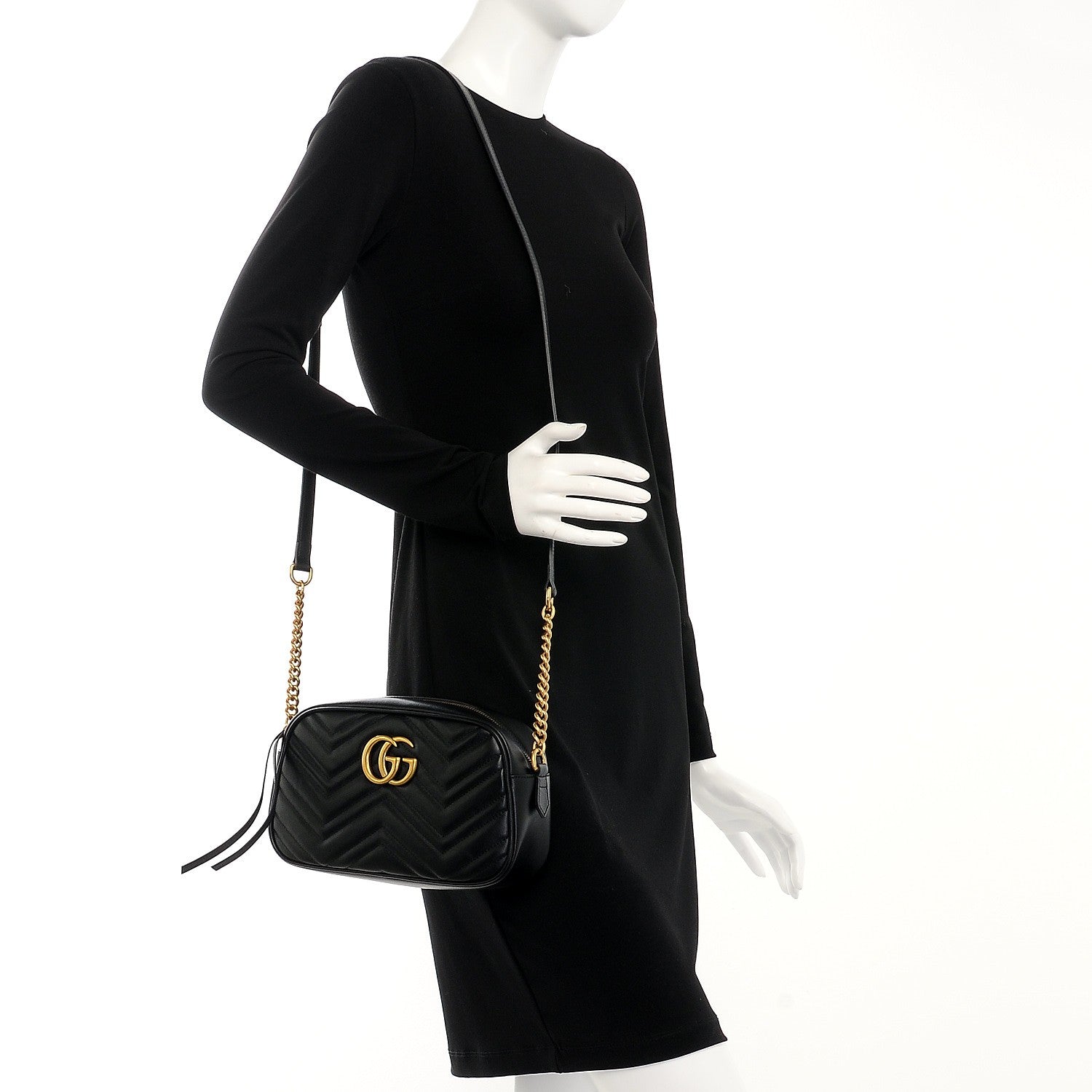 Gucci Calfskin Matelasse Small GG Marmont Chain Shoulder Bag Black 2 of 7