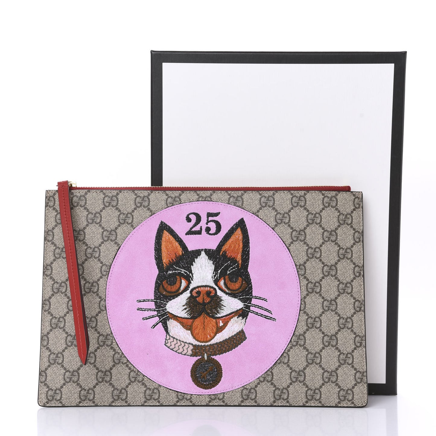 GG Supreme Monogram Bosco Patch Zip Pouch Beige Malva Hibiscus Red