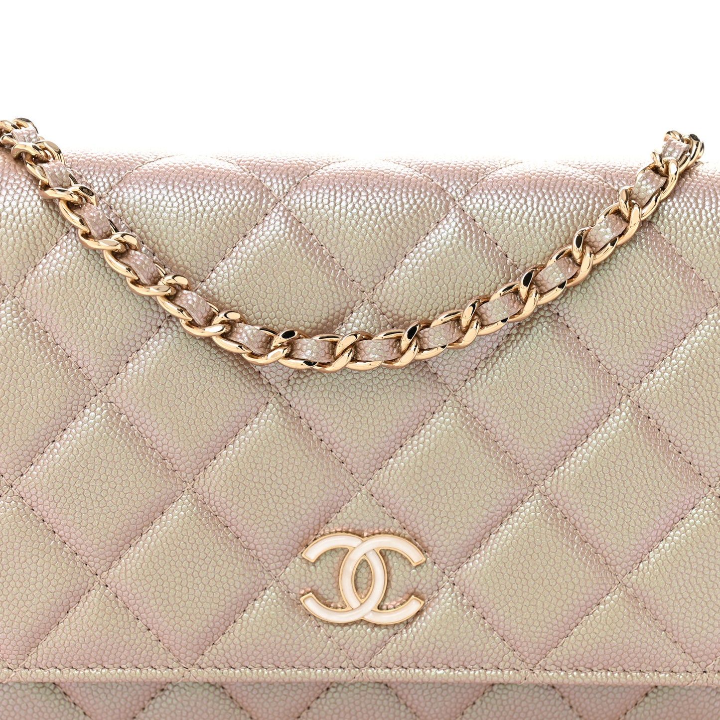 Iridescent Caviar Quilted Wallet on Chain WOC Beige