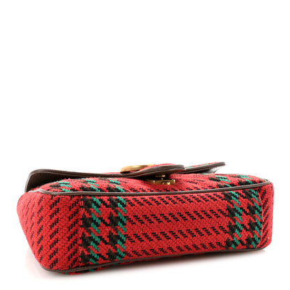 Gucci Wool Tweed Textured Dollar Calfskin Matelasse Diagonal Plaid Small GG Marmont Shoulder Bag Red Green Multicolor New Acero 4 of 11