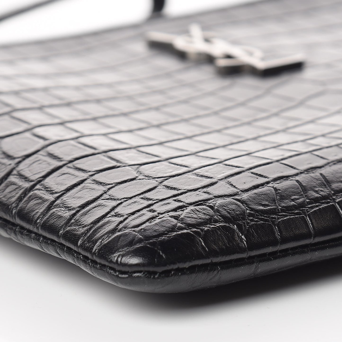 Calfskin Crocodile Embossed Monogram Zip Pouch Black