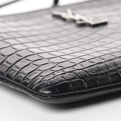 Saint Laurent Calfskin Crocodile Embossed Monogram Zip Pouch Black 9 of 10