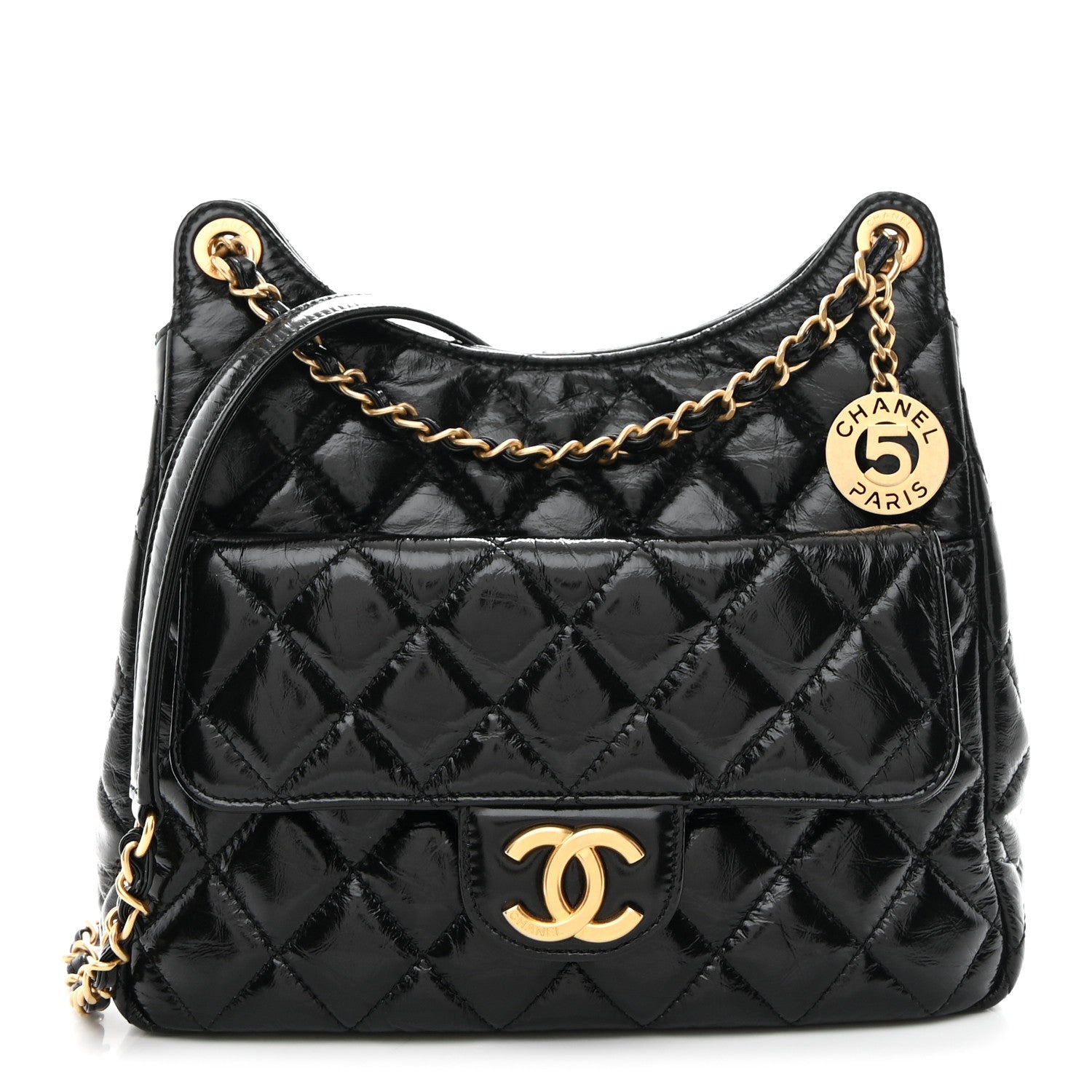 Chanel Shiny Crumpled Calfskin Quilted Wavy CC Hobo Black 1 of 11