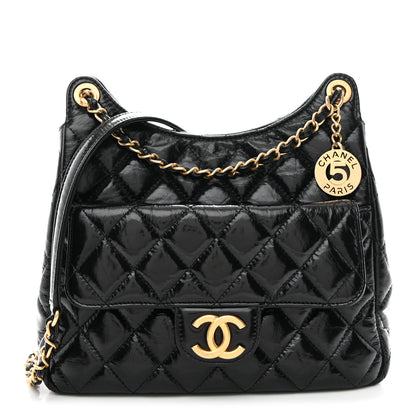 Chanel Shiny Crumpled Calfskin Quilted Wavy CC Hobo Black 1 of 11