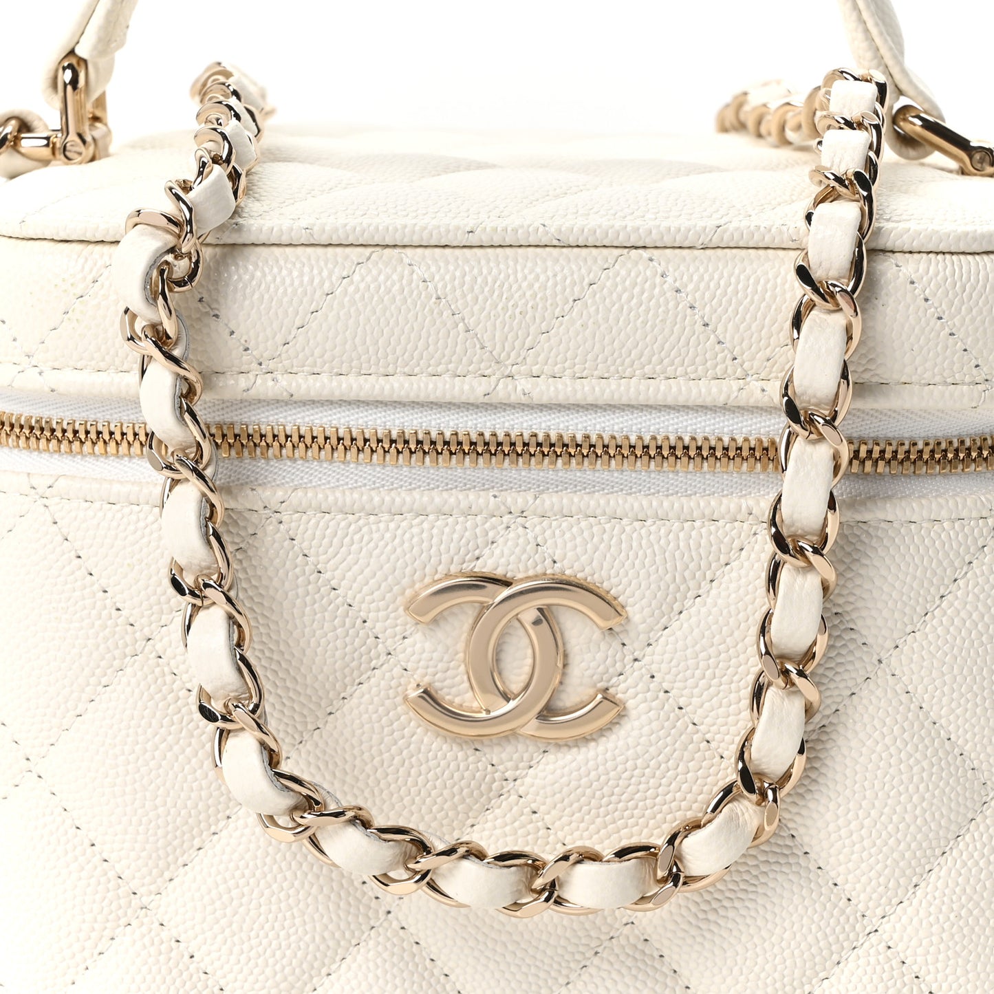 Caviar Quilted Small Top Handle Vanity Case With Chain White