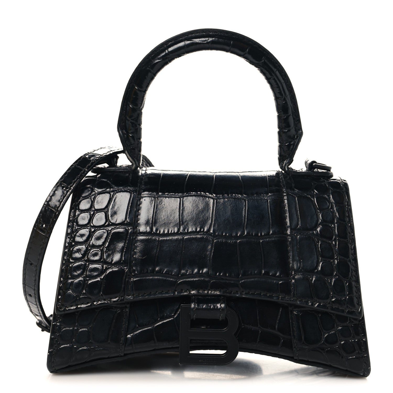 Balenciaga Shiny Calfskin Monochrome Crocodile Embossed Small Hourglass Top Handle Bag Black 1 of 12
