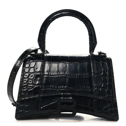 Balenciaga Shiny Calfskin Monochrome Crocodile Embossed Small Hourglass Top Handle Bag Black 1 of 12