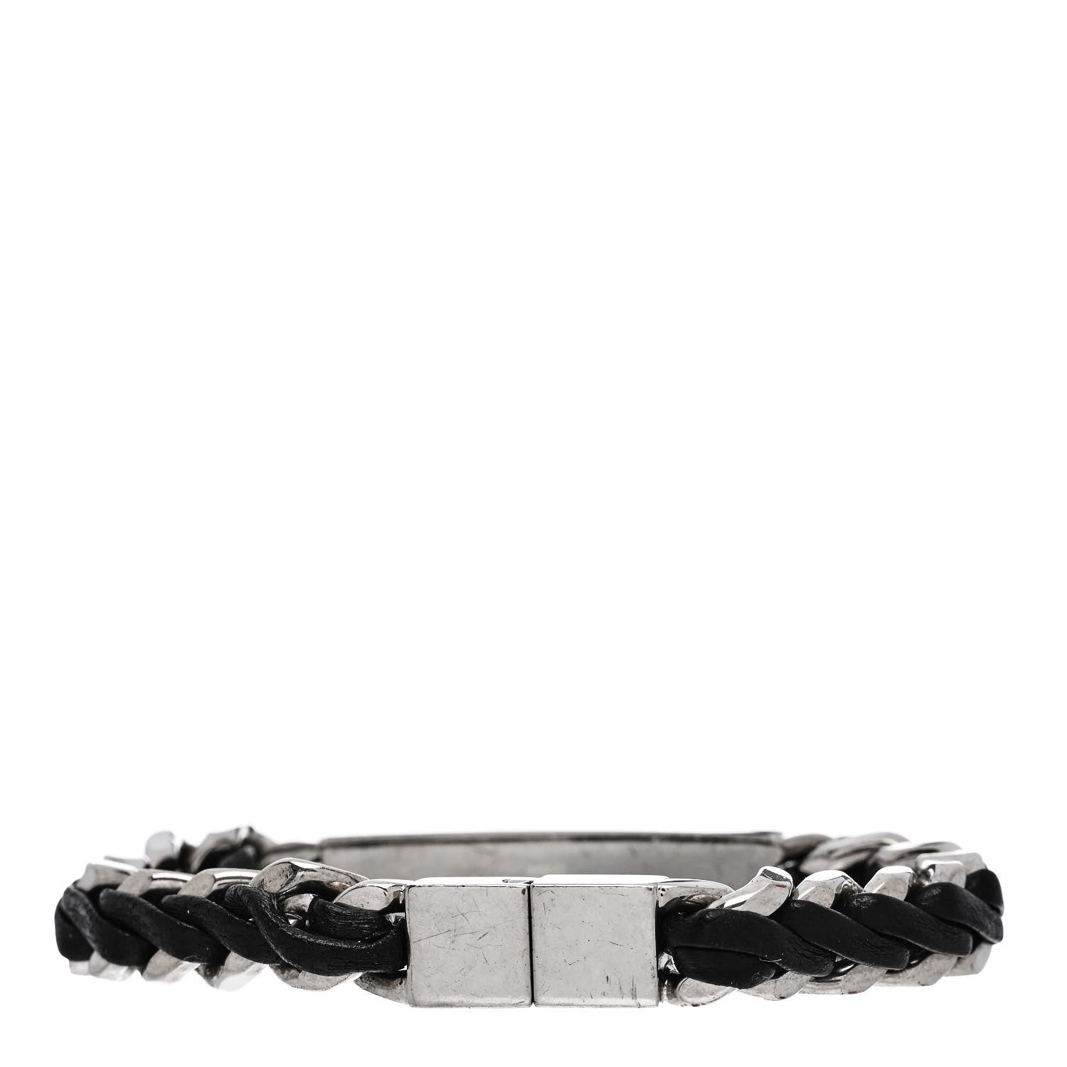 Saint Laurent Metal Leather Curb Chain Bracelet Oxidized Silver Black 3 of 6