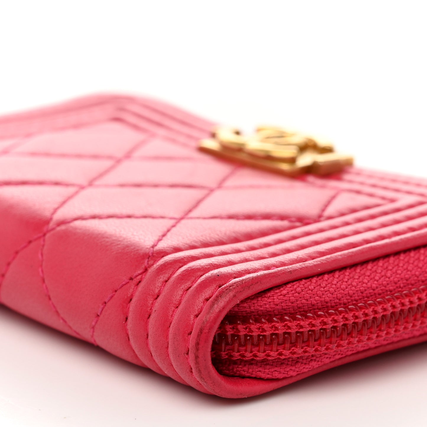 Lambskin Quilted Boy Zip Around Coin Purse Wallet Fuchsia