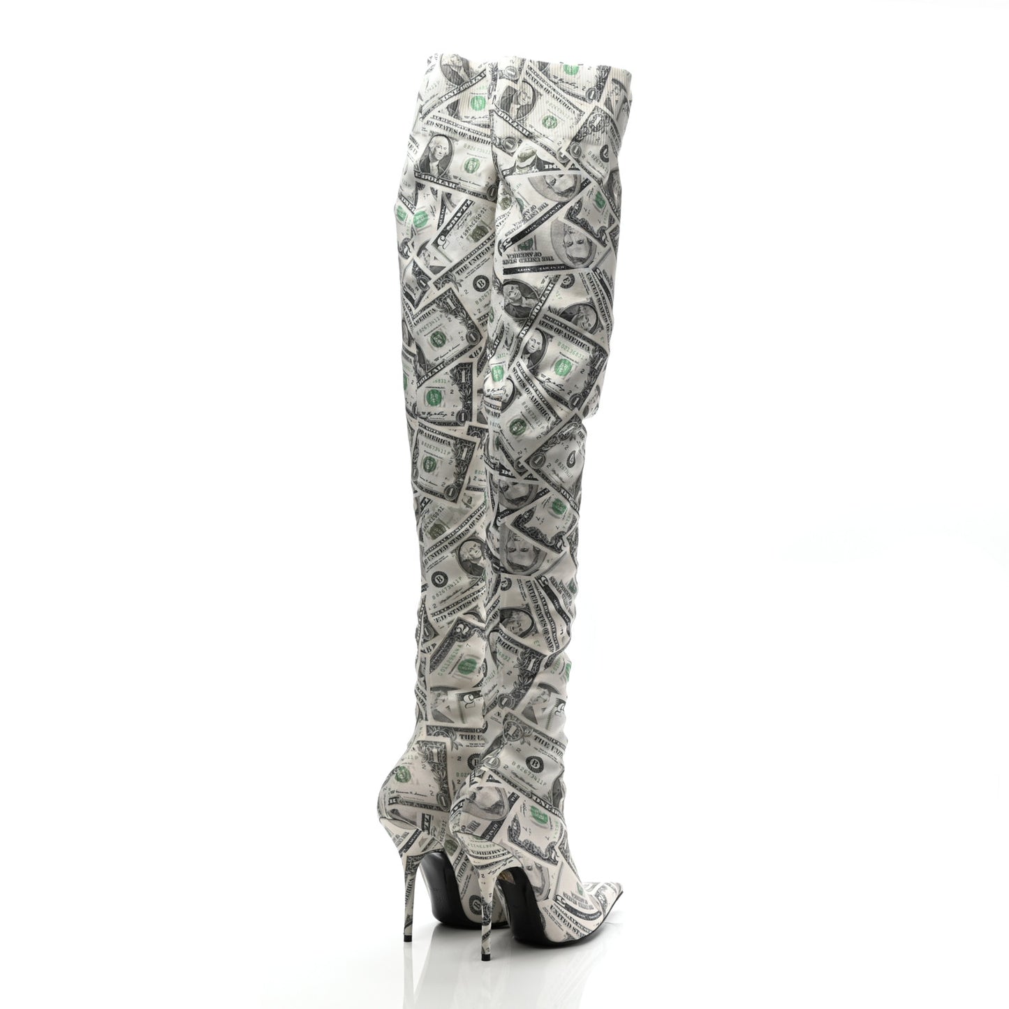 Spandex Dollars Print Pointed Toe Knife Thigh High Boots 38.5 Green