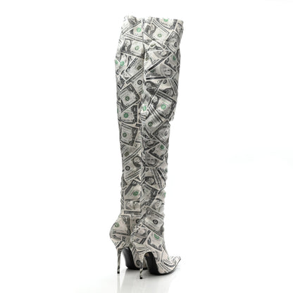 Balenciaga Spandex Dollars Print Pointed Toe Knife Thigh High Boots 38.5 Green 4 of 8