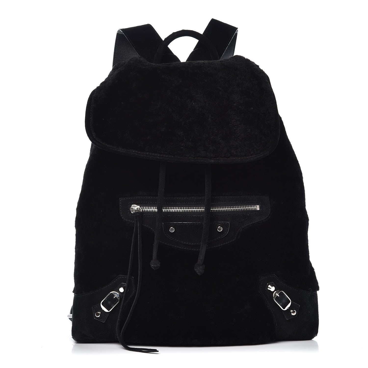 Balenciaga Suede Shearling Classic Silver Hardware Traveler Backpack Black 1 of 9
