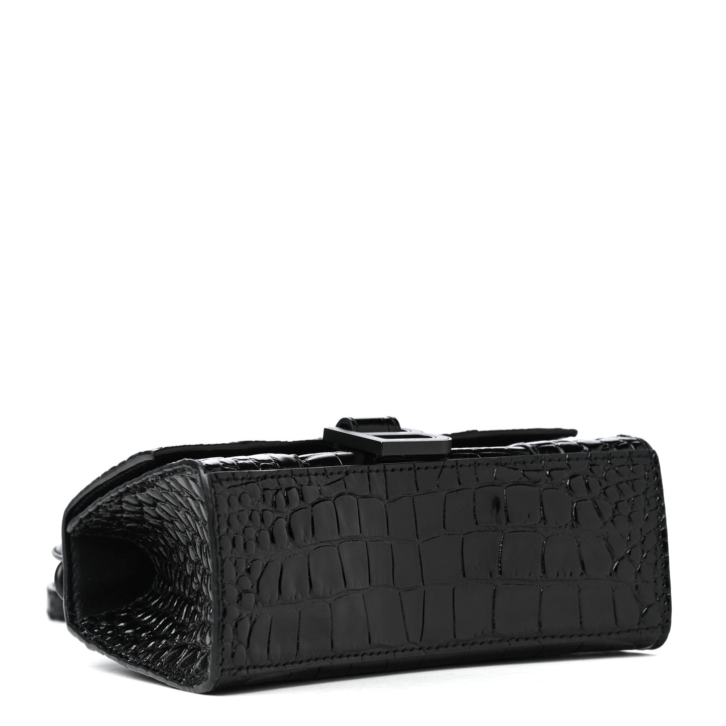 Shiny Calfskin Monochrome Crocodile Embossed Hourglass Top Handle Bag XS Black