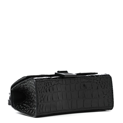 Balenciaga Shiny Calfskin Monochrome Crocodile Embossed Hourglass Top Handle Bag XS Black 3 of 4