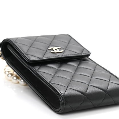 Chanel Lambskin Quilted Pearl Phone Holder With Chain Black 9 of 10