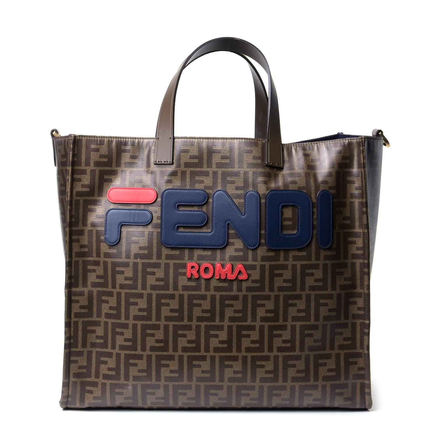 Fendi X FILA Glazed Fabric FF 1974 Mania Shopping Tote Bag Mogano Panna Blueberry 1 of 5
