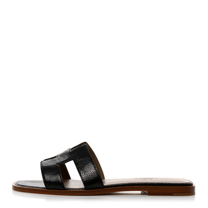 Hermes Lizard Oran Sandals 37.5 Black 1 of 9