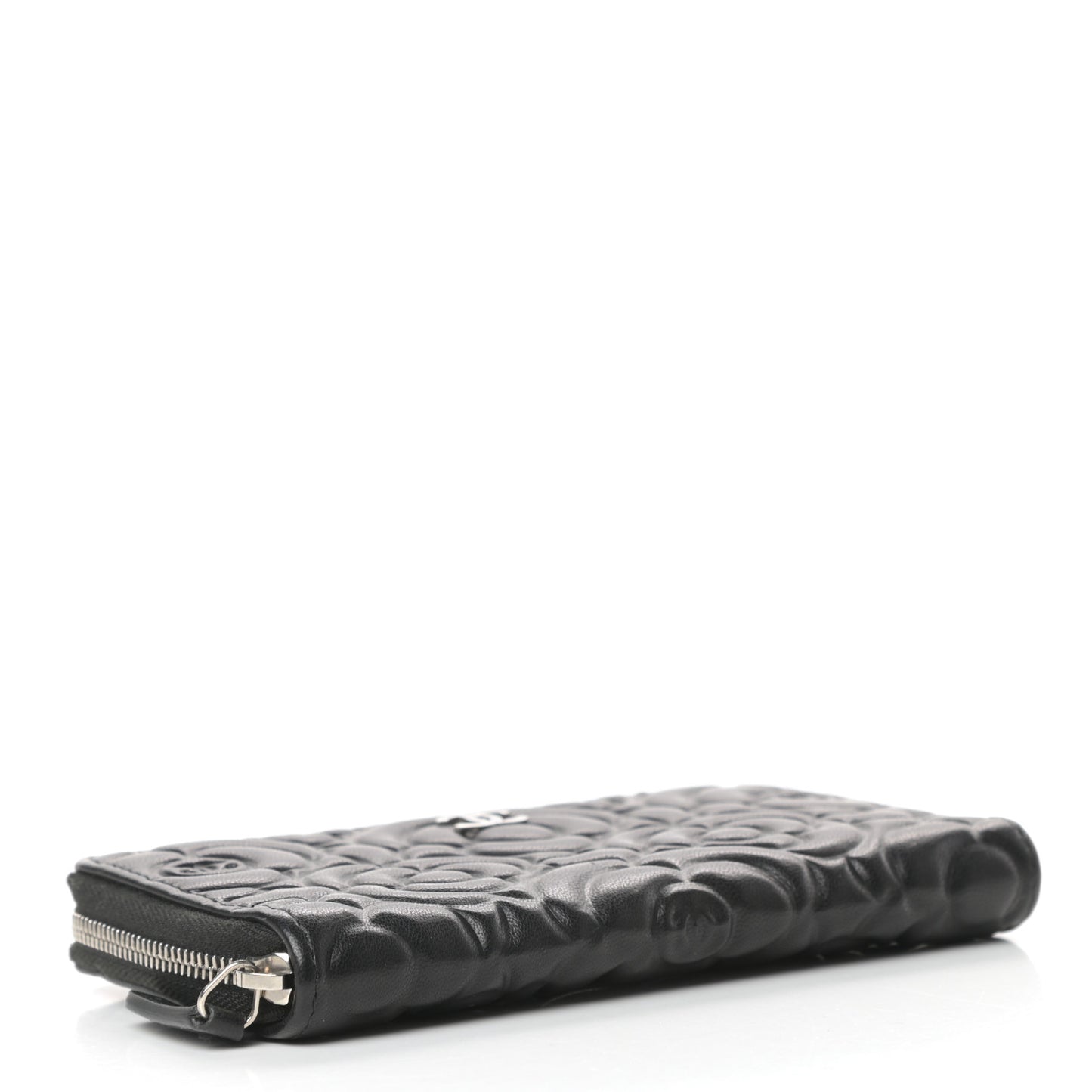 Goatskin Camellia Embossed Medium Zip Around Wallet Black