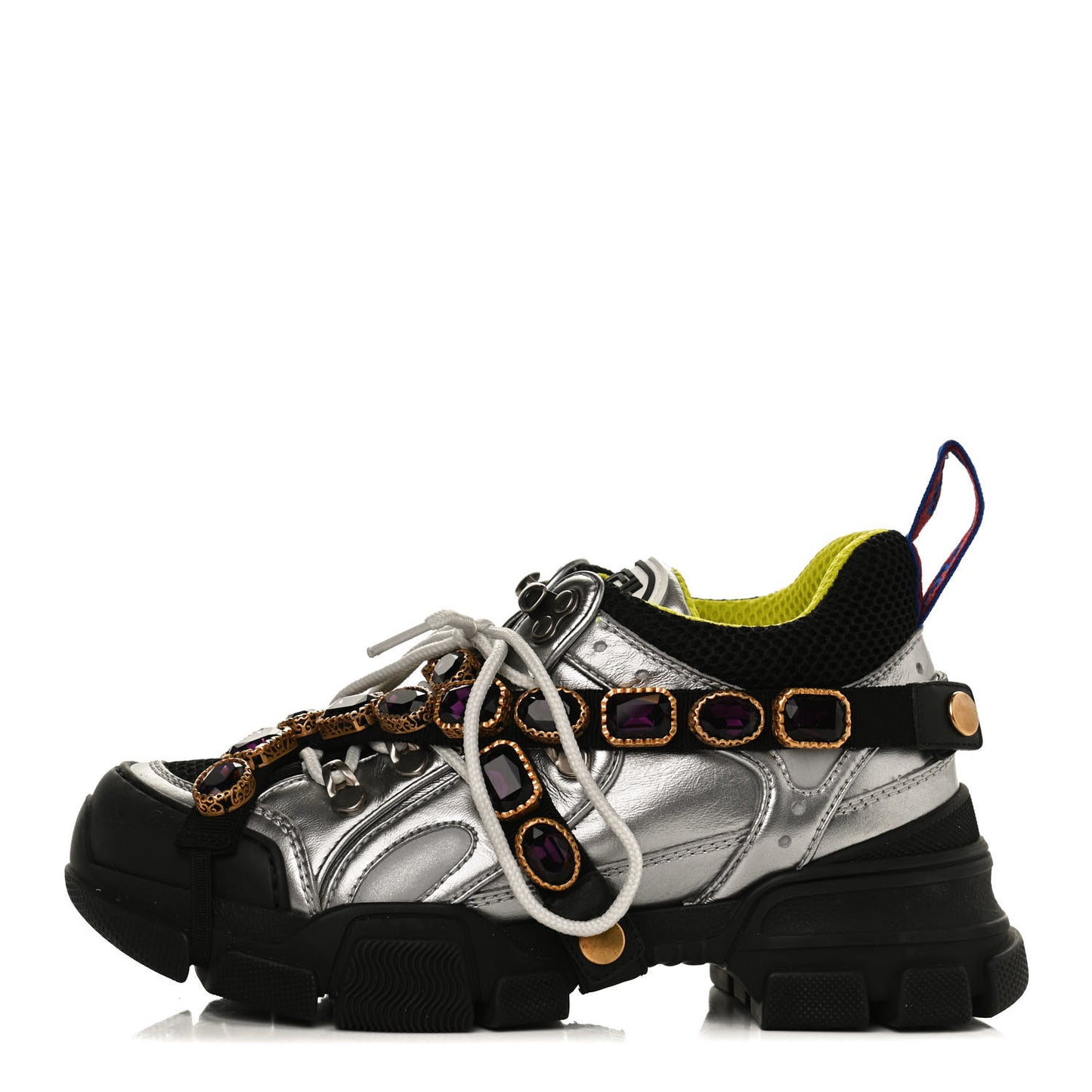 X SEGA Metallic Calfskin Mesh Removable Crystals Womens Flashtrek Sneakers 36 Silver Black