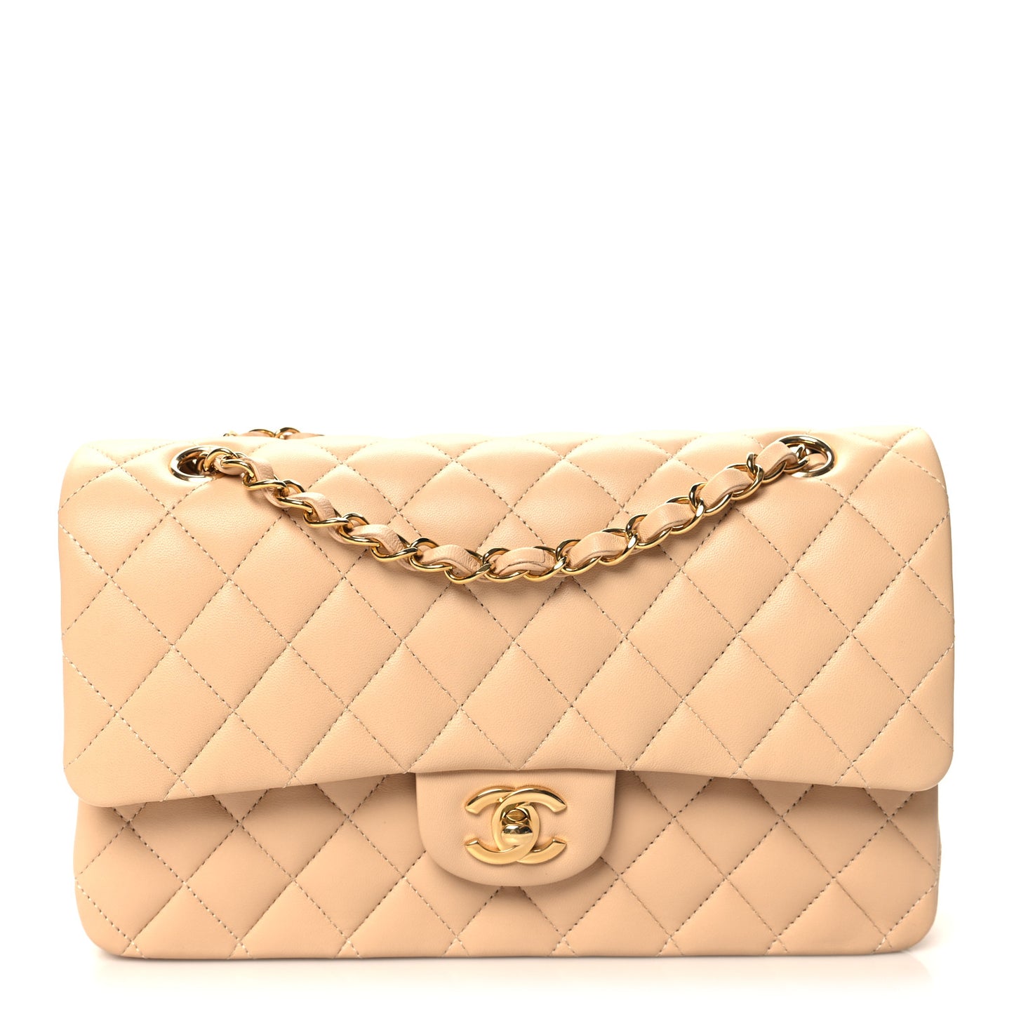 Lambskin Quilted Medium Double Flap Beige