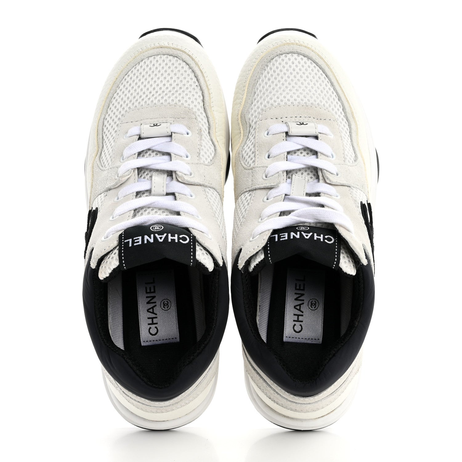 Chanel Mesh Suede Calfskin Grained Calfskin Womens CC Sneakers 38 White Black 2 of 9