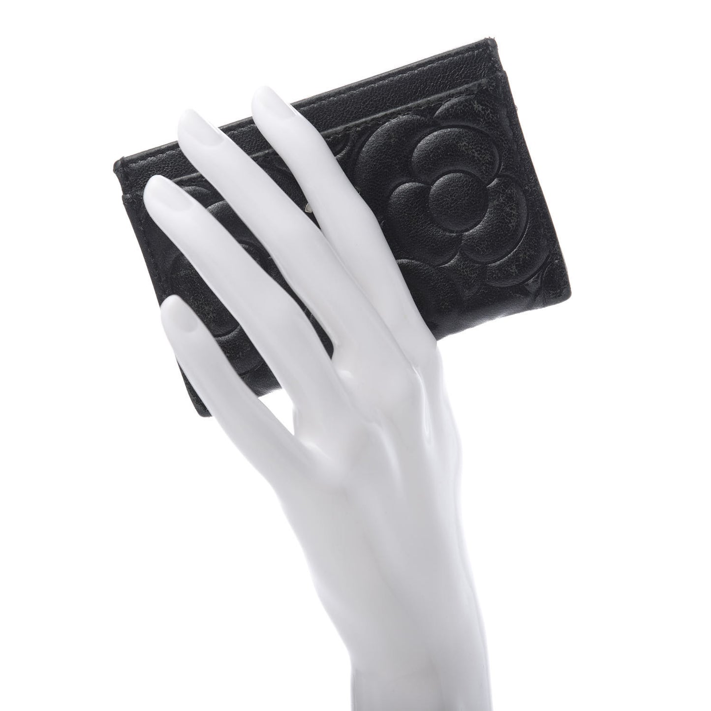 Lambskin Camellia Embossed Card Holder Black