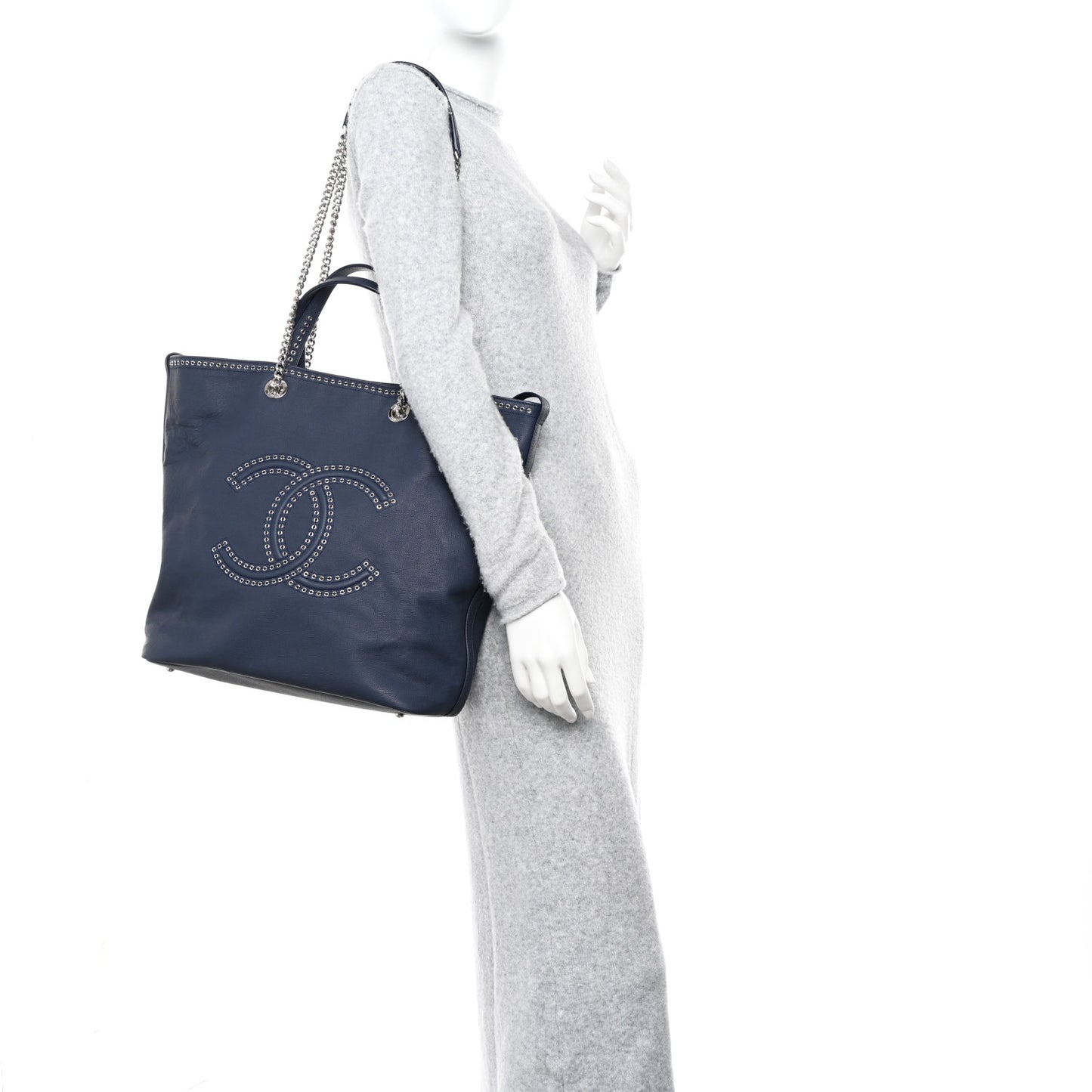 Grained Calfskin Large Coco Eyelets Shopping Tote Navy
