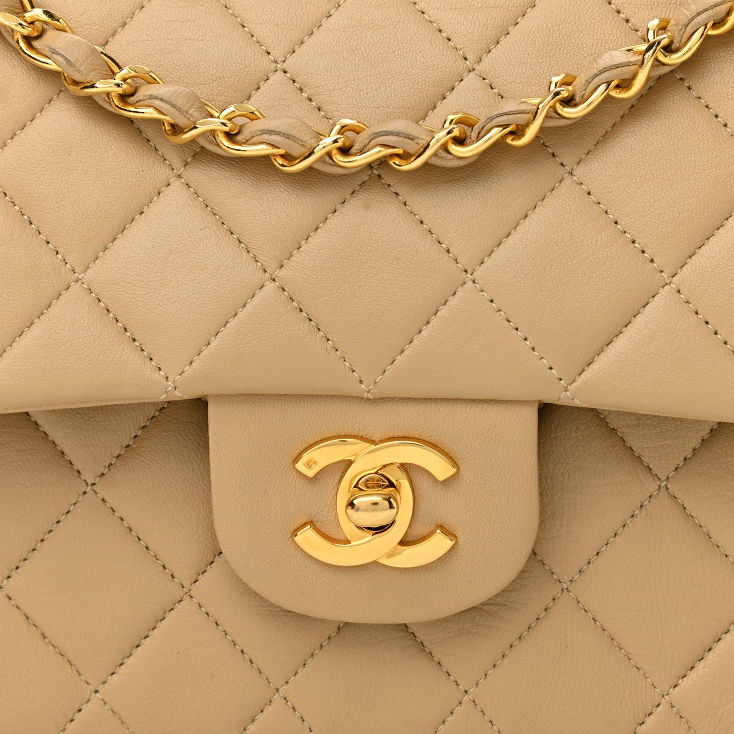 Lambskin Quilted Medium Double Flap Beige
