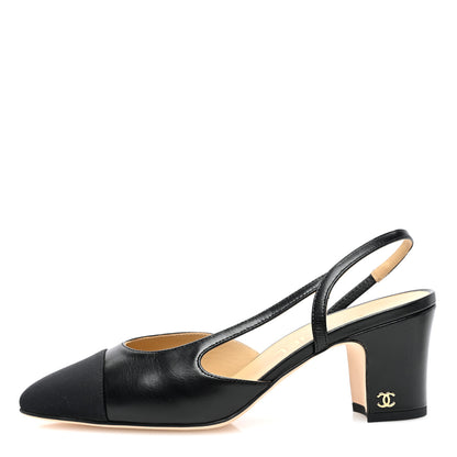 Chanel Goatskin Grosgrain Cap Toe CC Slingback Sandals 37 Black 1 of 8