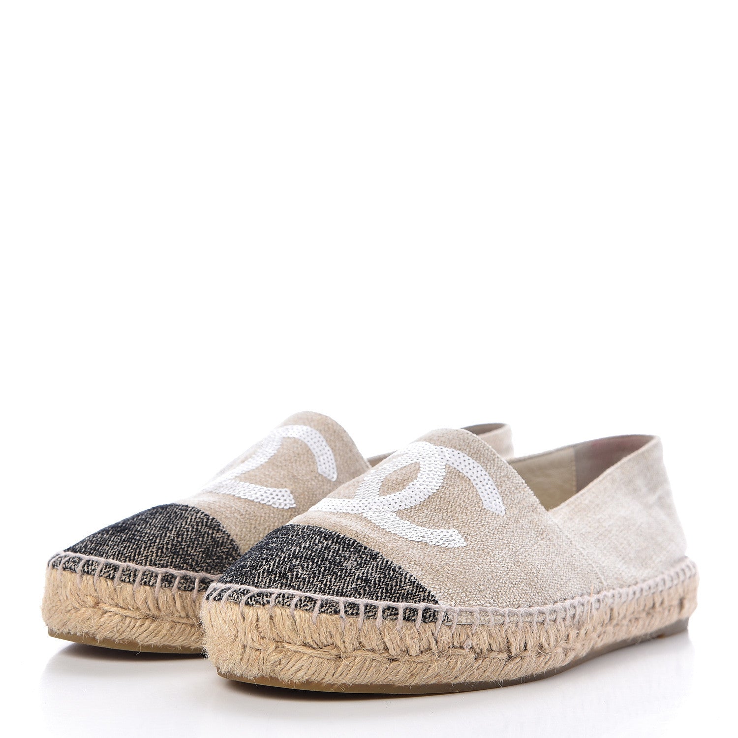 Chanel Toile Sequin CC Espadrilles 39 Beige Black 3 of 13