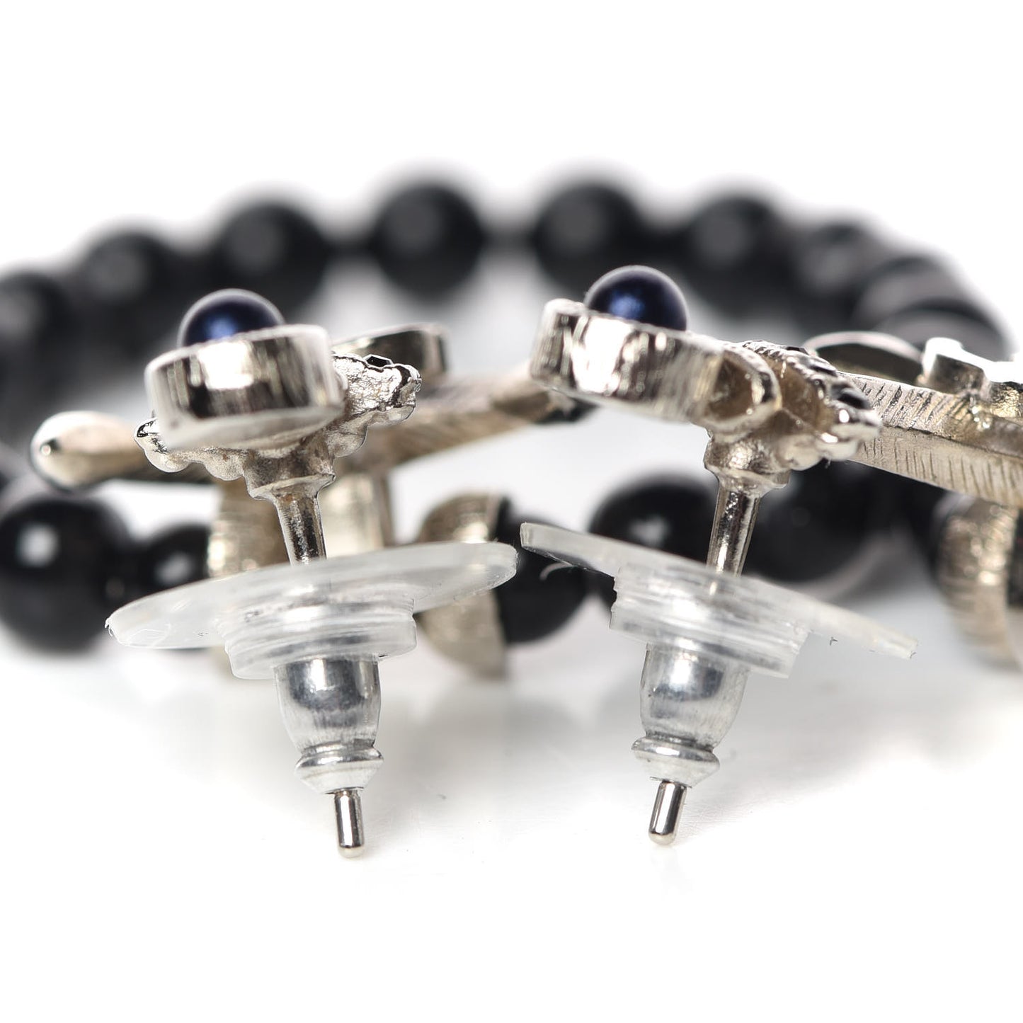 Ruthenium Bead Anchor Drop CC Oval Earrings Black Blue